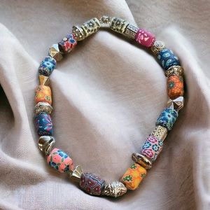 Vintage Polymer Clay Millefiori-Style Floral Necklace w Magnetic Clasp
